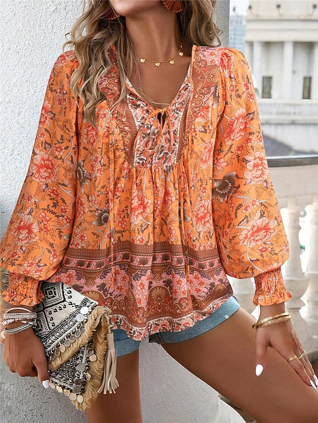 Women's Shirt Blouse Casual Boho Floral Lace up Print Long