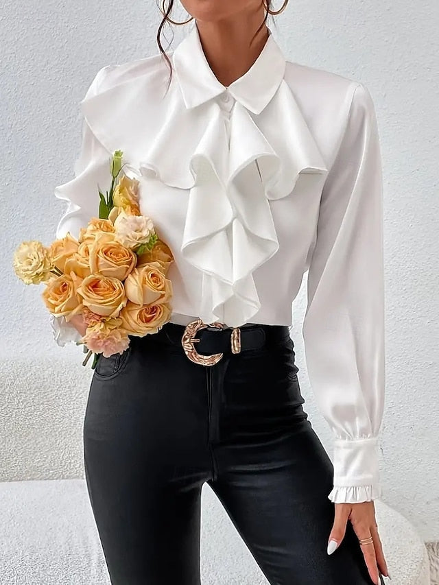 Women's Satin Shirt Dress Shirt Blouse Ruffle Solid Color