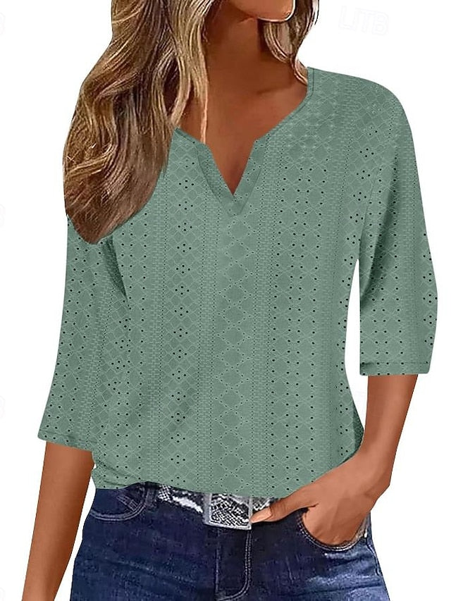 Women's Texture Blouse Eyelet Top Pointelle Tee Blouse