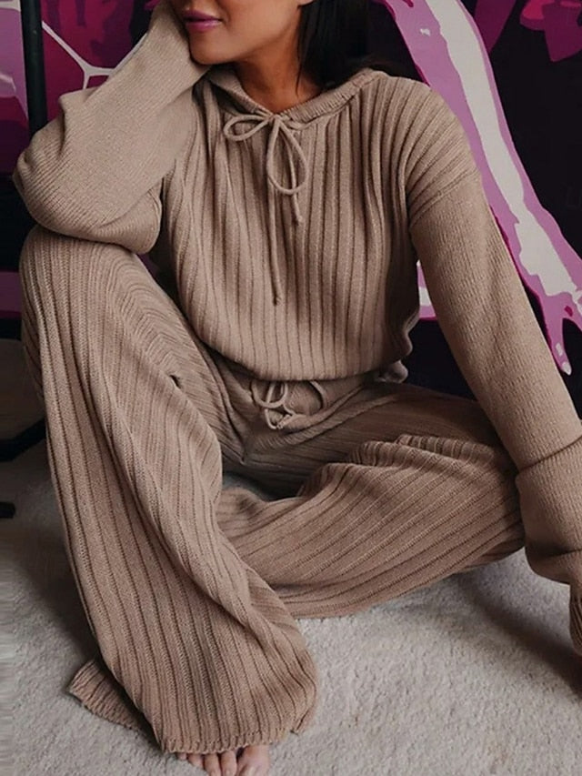 Women's Pants Sets Bolero Top Long Sleeve Hooded Solid