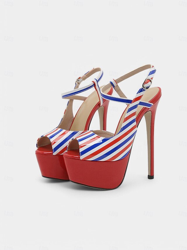 Stiletto Red Platform Heels Women's White and Blue Striped