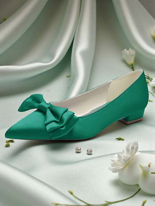 Green Elegant Flats - Satin Women's Pointed Toe Bow
