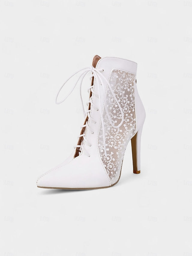 Women's White Stiletto Lace Heels Ankle Booties Mesh with