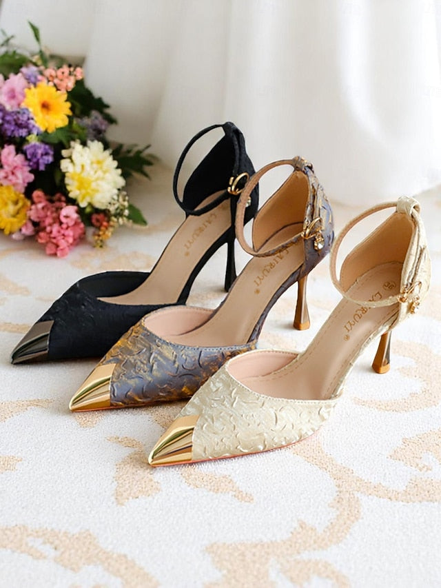Heels Accents with Pointed and Satin Gold Toe Beige Women's