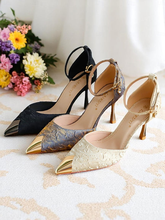 Heels Accents with Pointed and Satin Gold Toe Beige Women's