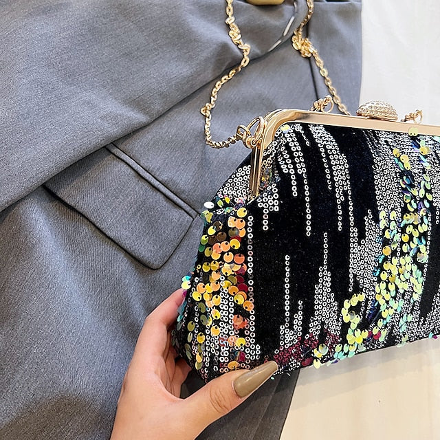 Women's Ivory Sequin Top Handle Clutch with Chain Strap,