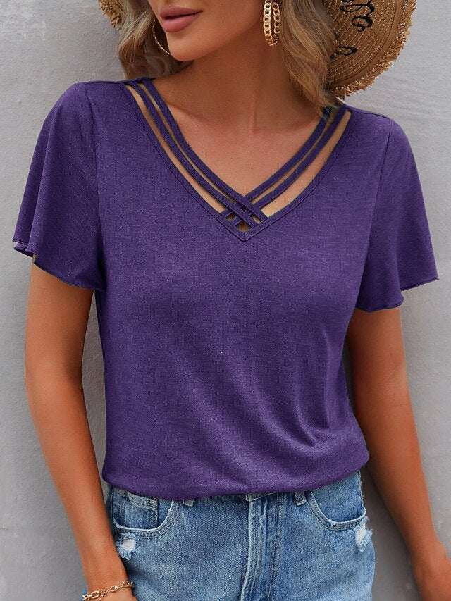 Women's T Shirt Tee Top Criss-Cross Hollow Out Plain