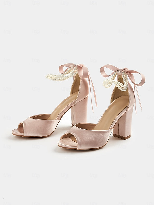 Heel Ankle Block with Women's Peep-Toe Pearl Satin Sandals
