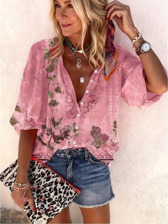 Women's Shirt Print Ombre Floral Graphic Bohemia Vintage
