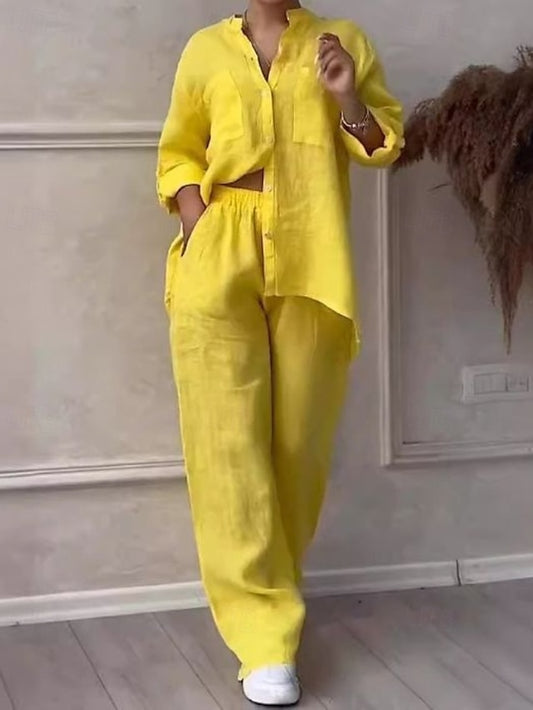 Women's Shirt Blouse Pants Sets Long Sleeve Shirt Collar