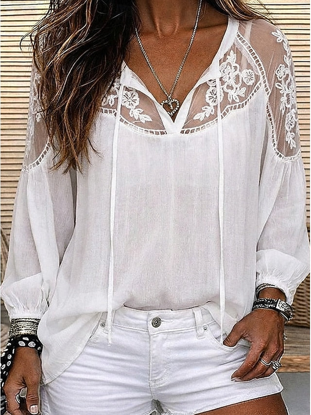 Women's Shirt Blouse Lace Tops Ruched Lace Plain Stylish