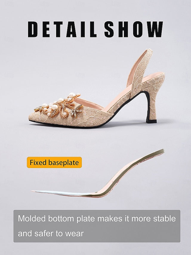 Heels Women's Satin Pearl Black with - Detailing Slingback