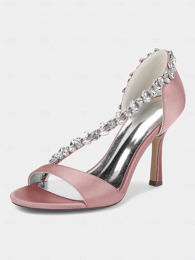 Crystal Heels Satin Champagne Women's – T-Strap with High