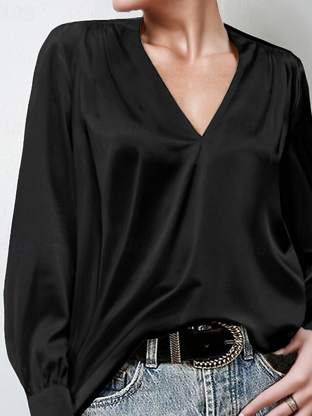 Women's Shirt Elegant Satin Top Blouse Ruched Plain Vintage