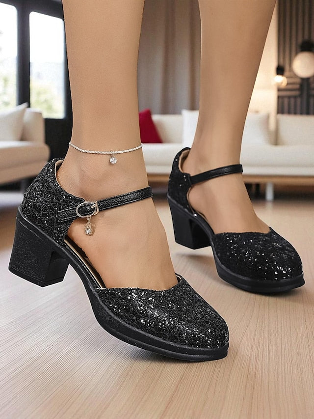 Shoes Chunky Low Comfortable Mary - Lace Heel Women's Jane