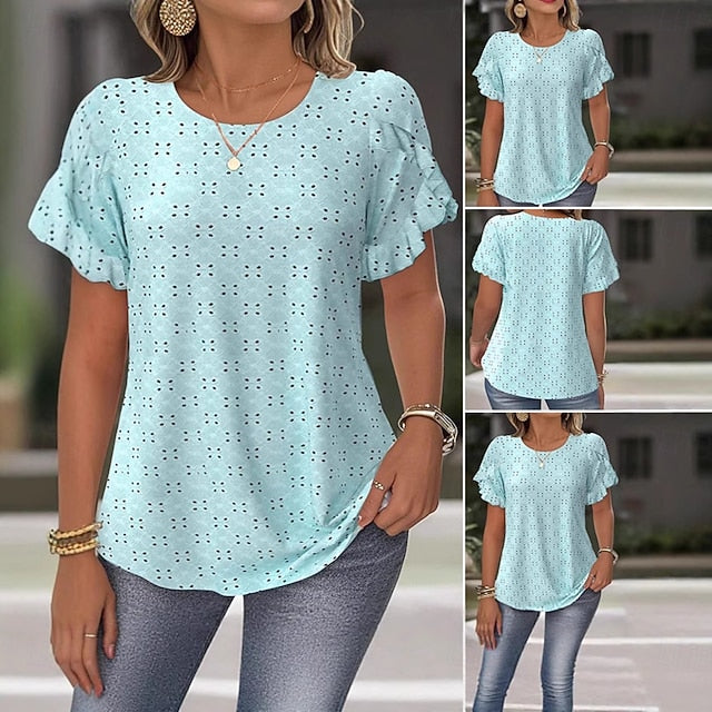 Women's Eyelet Top Pointelle Tee Lace T-shirt Solid Color