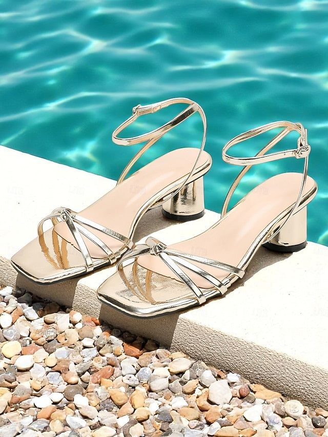 – Shiny Heels Women's Gold Strap Metallic Ankle Block
