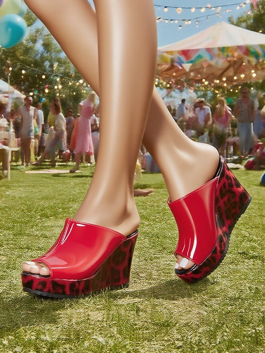 Women's Sandals Patent Leather Toe Red Wedge - Peep Leopard