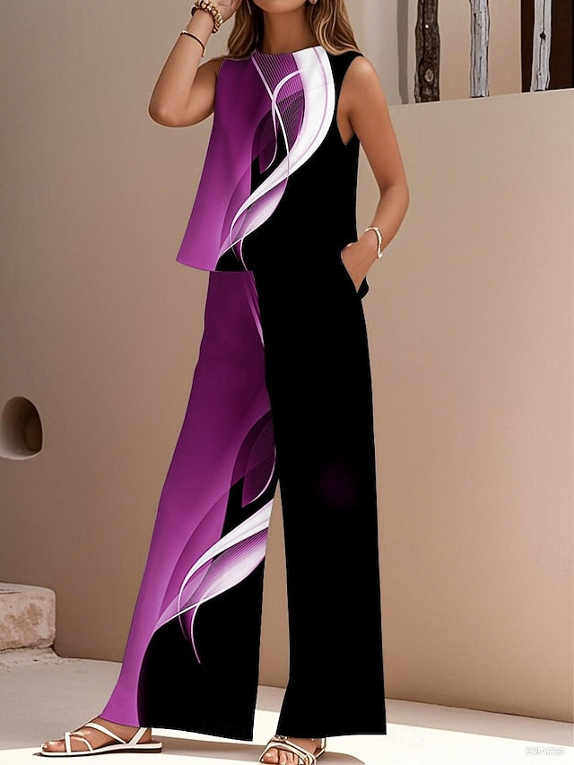 Women's Pants Sets Faux Cotton Linen Sleeveless Crew Neck