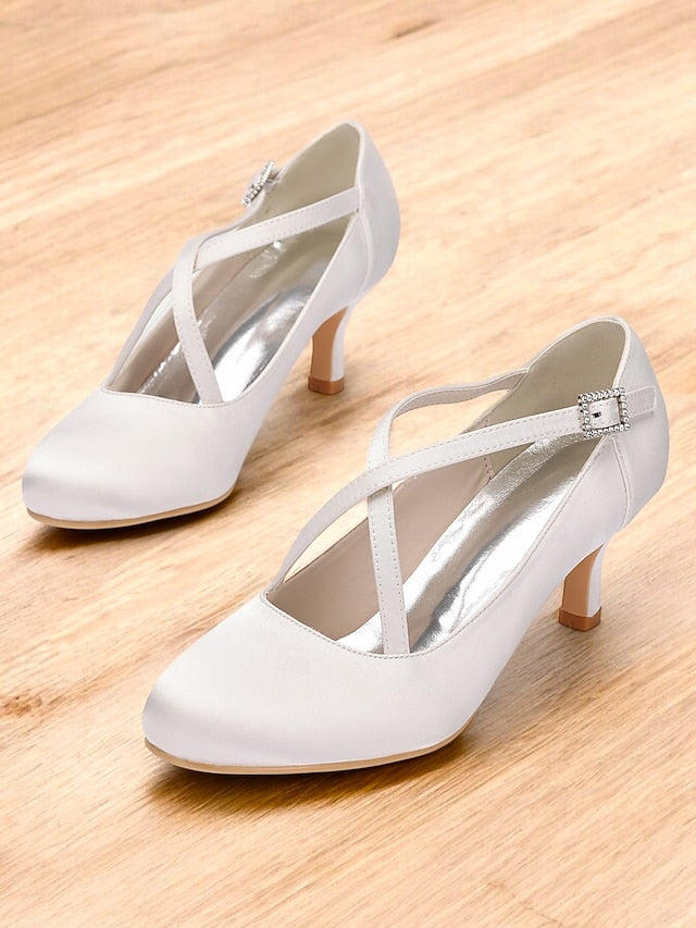 Rhinestone – Satin Buckle Heels with Elegant Cross-Strap White
