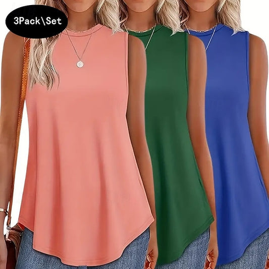 Multi Packs 3pcs Female Crew Neck Sleeveless Black+Pink+White