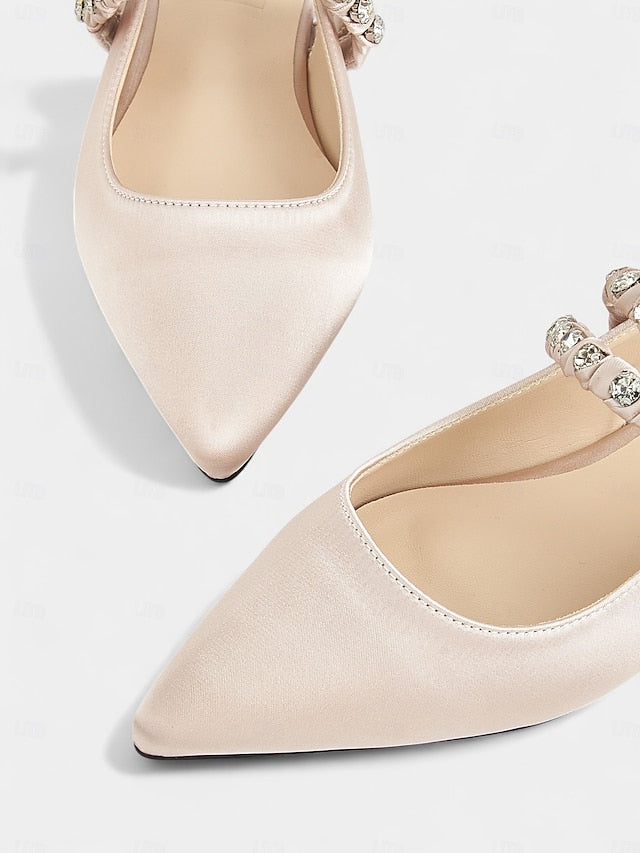 Women's - Slingback Rhinestone Flats Pointed Satin Toe