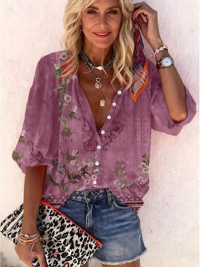 Women's Shirt Print Ombre Floral Graphic Bohemia Vintage