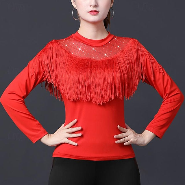 Latin Dance Ballroom Dance Top Tassel Pure Color Splicing