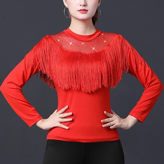 Latin Dance Ballroom Dance Top Tassel Pure Color Splicing