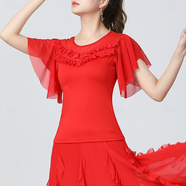 Latin Dance Ballroom Dance Top Pure Color Splicing Tulle