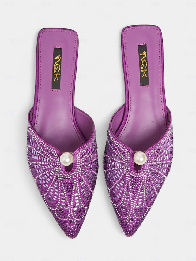 - Detail Pearl Women's Mules Glamorous Rhinestone with Gold