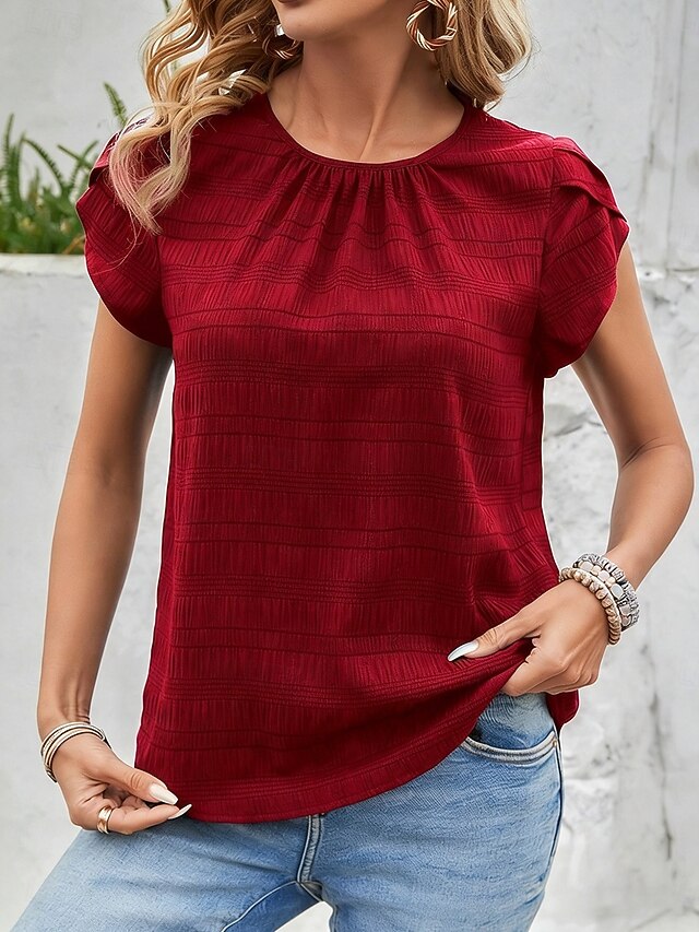 Women's Blouse Solid Color Stylish Casual Short Sleeve Crew