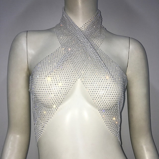 Metallic Sparkle Sexy Crop Tank Top Sheer Mesh Rhinestone Cover