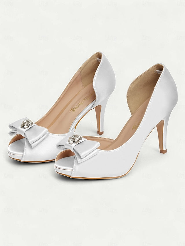 Toe Heels Satin Champagne Women's Peep and with Bow