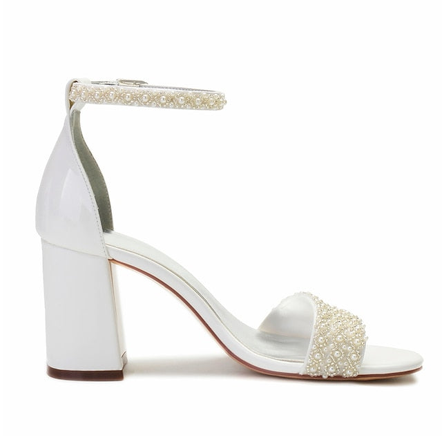 White Embellished Pearl Ankle Strap Block Ivory Women's
