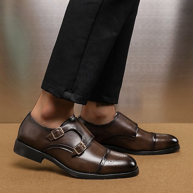 Men's Monk Leather with Strap Brown Faux Double Shoes