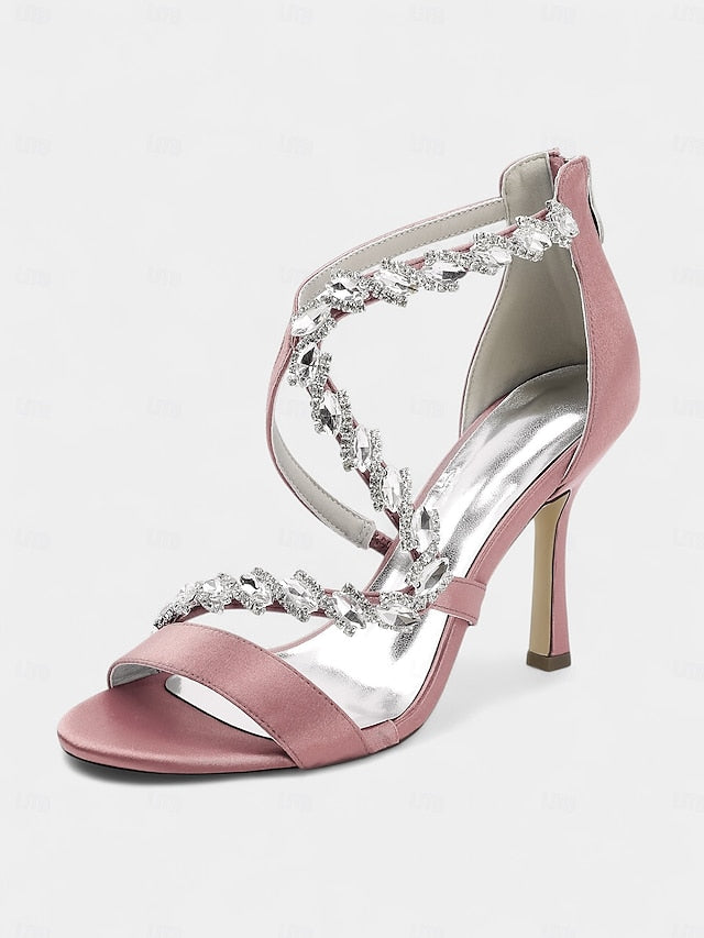 Strappy Sandals Heel Women's White Rhinestone - High