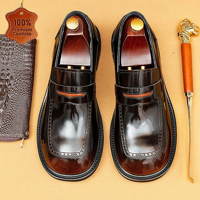 Decorative Men's Premium with Black Cowhide Slip-On Loafers