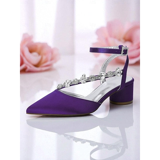 Heel Pumps Rhinestone Women's Purple Satin with Block