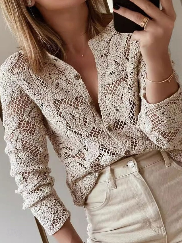 Women's Blouse Hollow Out Buttons Solid Color Basic Casual