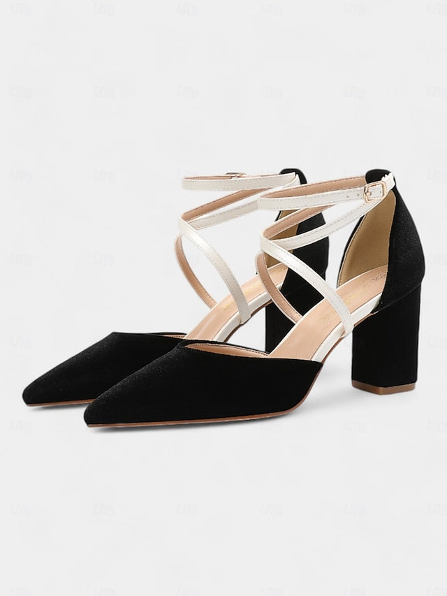 - Elegant Women's Chic Suede Two-Tone Strap Heels Ankle