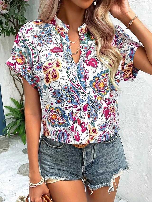 Women's Blouse Print Floral Stylish Casual Short Sleeve V