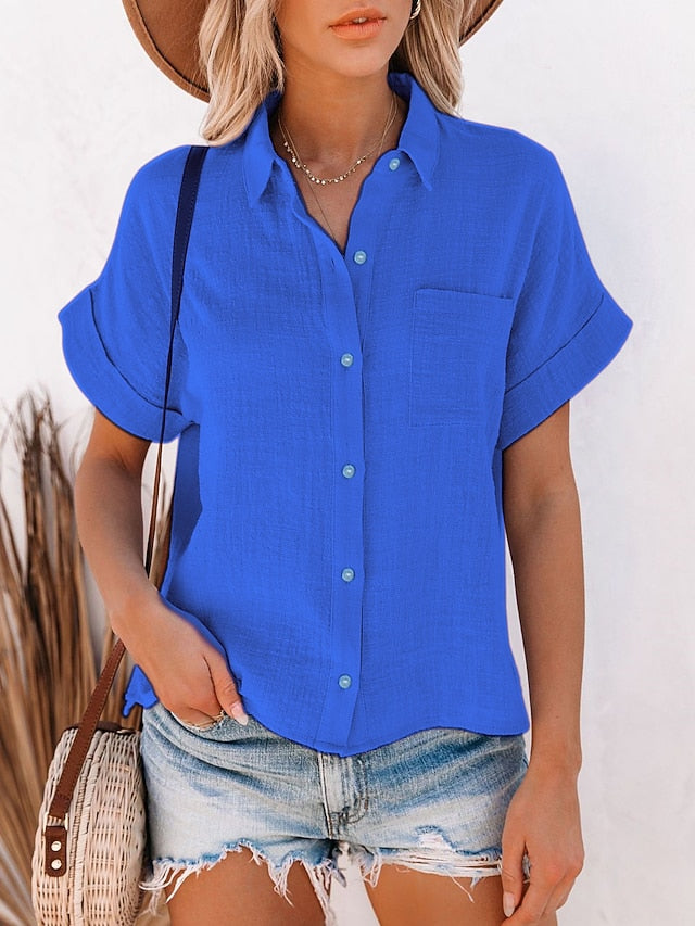 Women's Shirt Button Up Blouse Long Cotton Top Patchwork