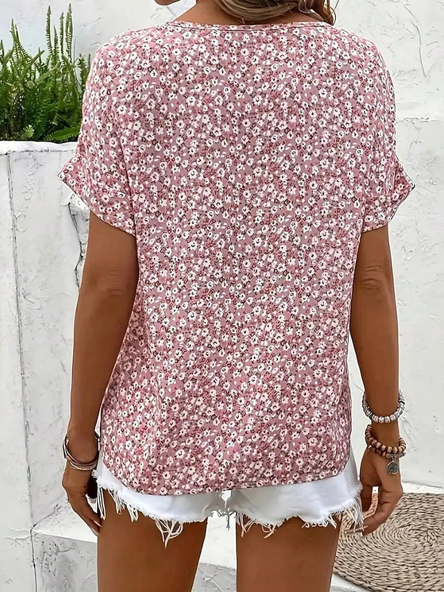 Women's T Shirt Tee Top Buttons Print Floral Fashion
