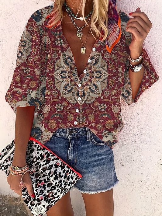 Women's Blouse Buttons Print Graphic Stylish Casual 3/4