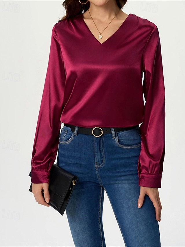 Women's Shirt Elegant Dressy Satin Top Solid Color Stylish