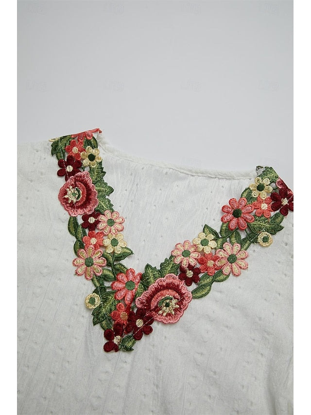 Women's White Elegant Lace Tops Eyelet Blouse Floral