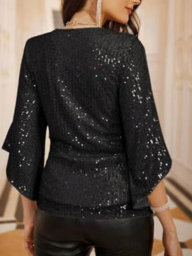 Women's Blouse Sequins Solid Color Elegant Modern 3/4