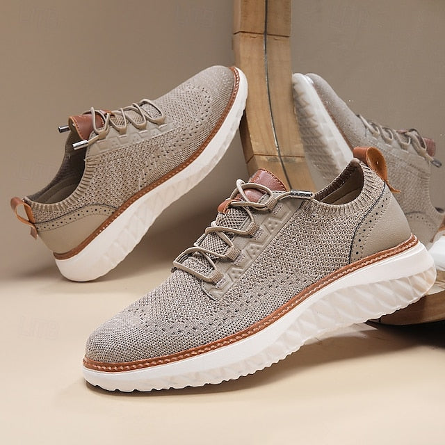 Shoes with Lace-Up Knit Lightweight Sneakers Men's Beige