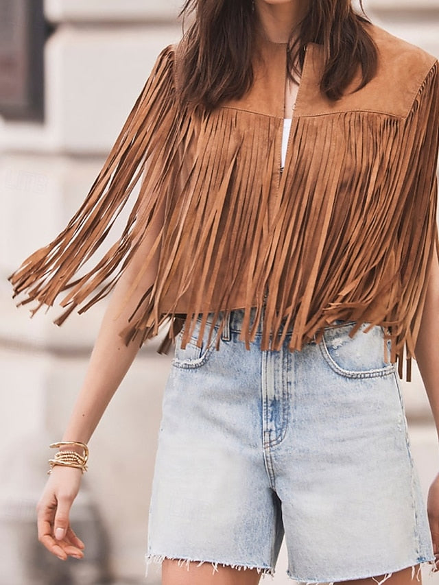 Women's Blouse Tassel Plain Western Sleeveless V Neck